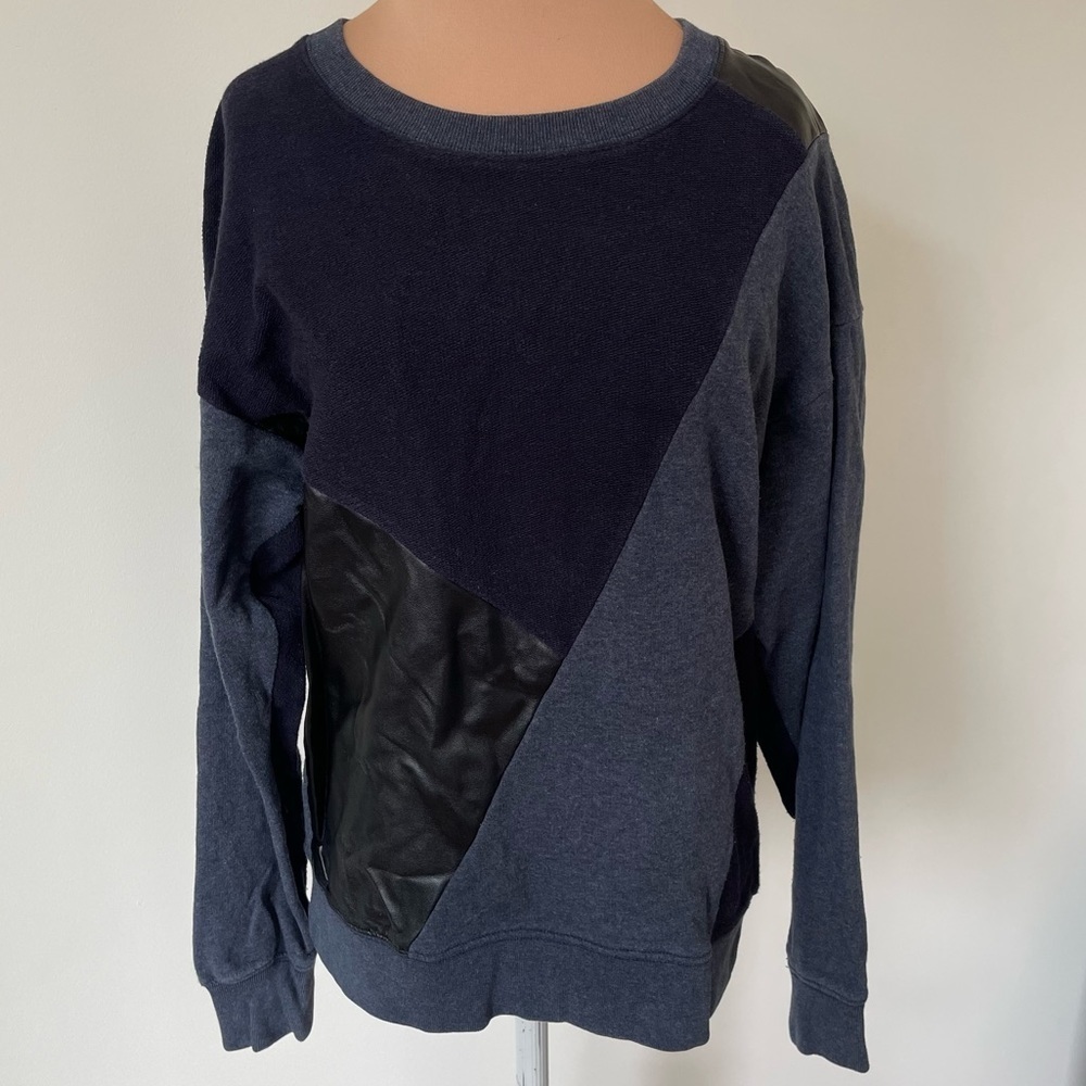 Madewell Faux Leather Cotton Patch Work Color Block Crew Neck Sweater B1714 Sz S